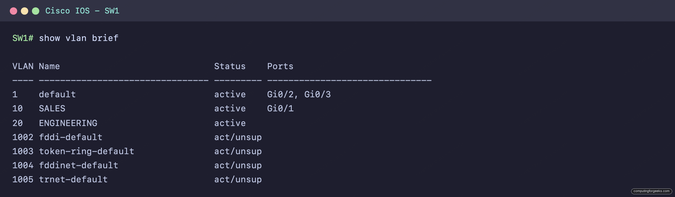 How to Configure VLANs on a Cisco Switch 2 show vlan brief on SW1 listing VLAN 10 SALES on Gi0/1 and VLAN 20 ENGINEERING
