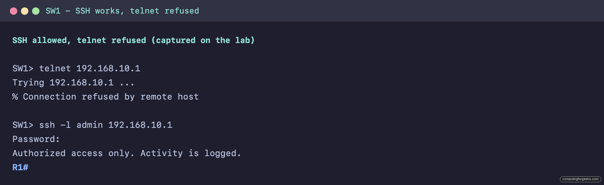 Cisco IOS terminal showing telnet connection refused and a successful SSH login to R1