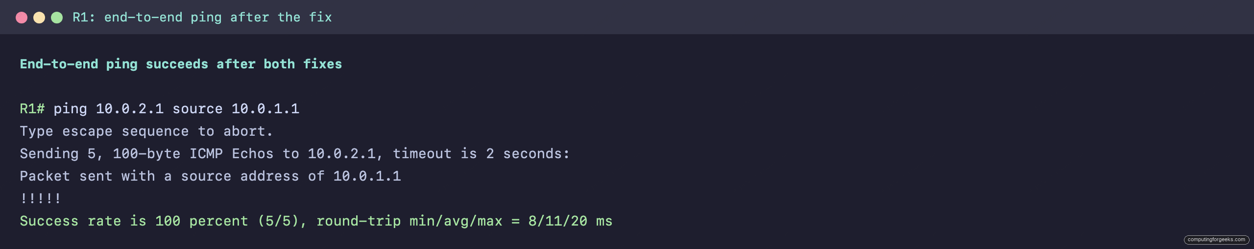 Troubleshoot IP Connectivity on Cisco Routers 3 R1 ping 10.0.2.1 success rate 100 percent after fixing both faults