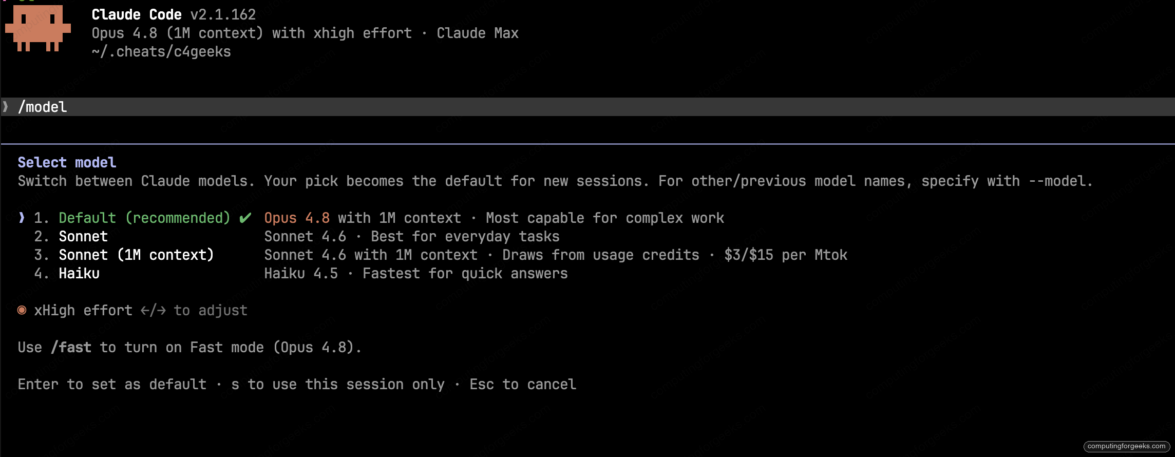 Claude Code Cheat Sheet - Commands, Shortcuts, Tips 1 Claude Code v2.1.162 /model picker showing Opus 4.8 default with 1M context, Sonnet 4.6, and Haiku 4.5