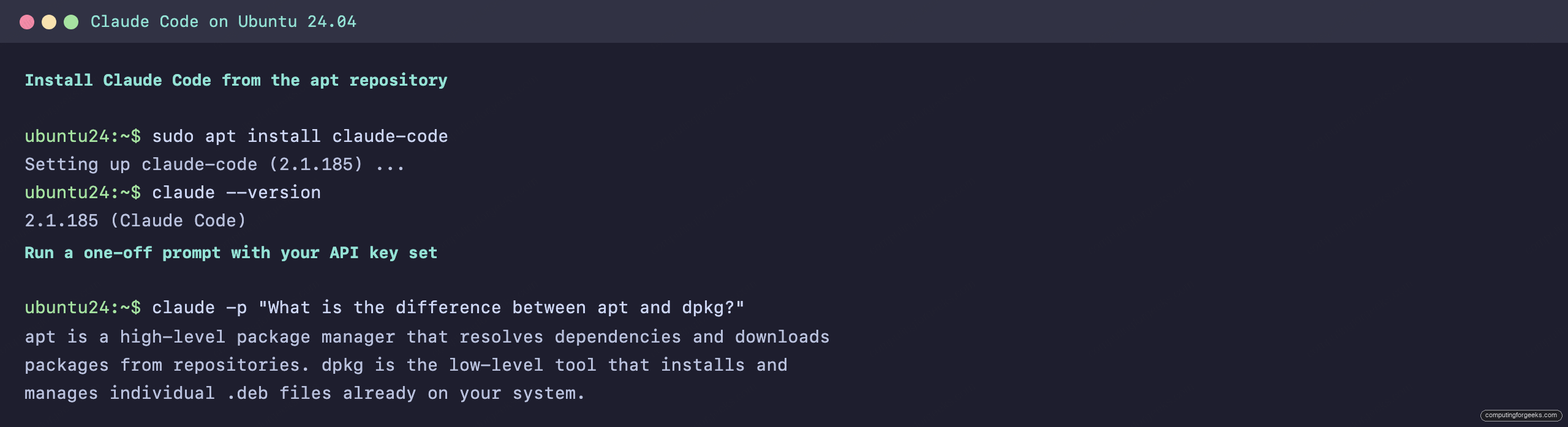 Installing Claude Code CLI on Ubuntu 24.04 with apt and checking the version