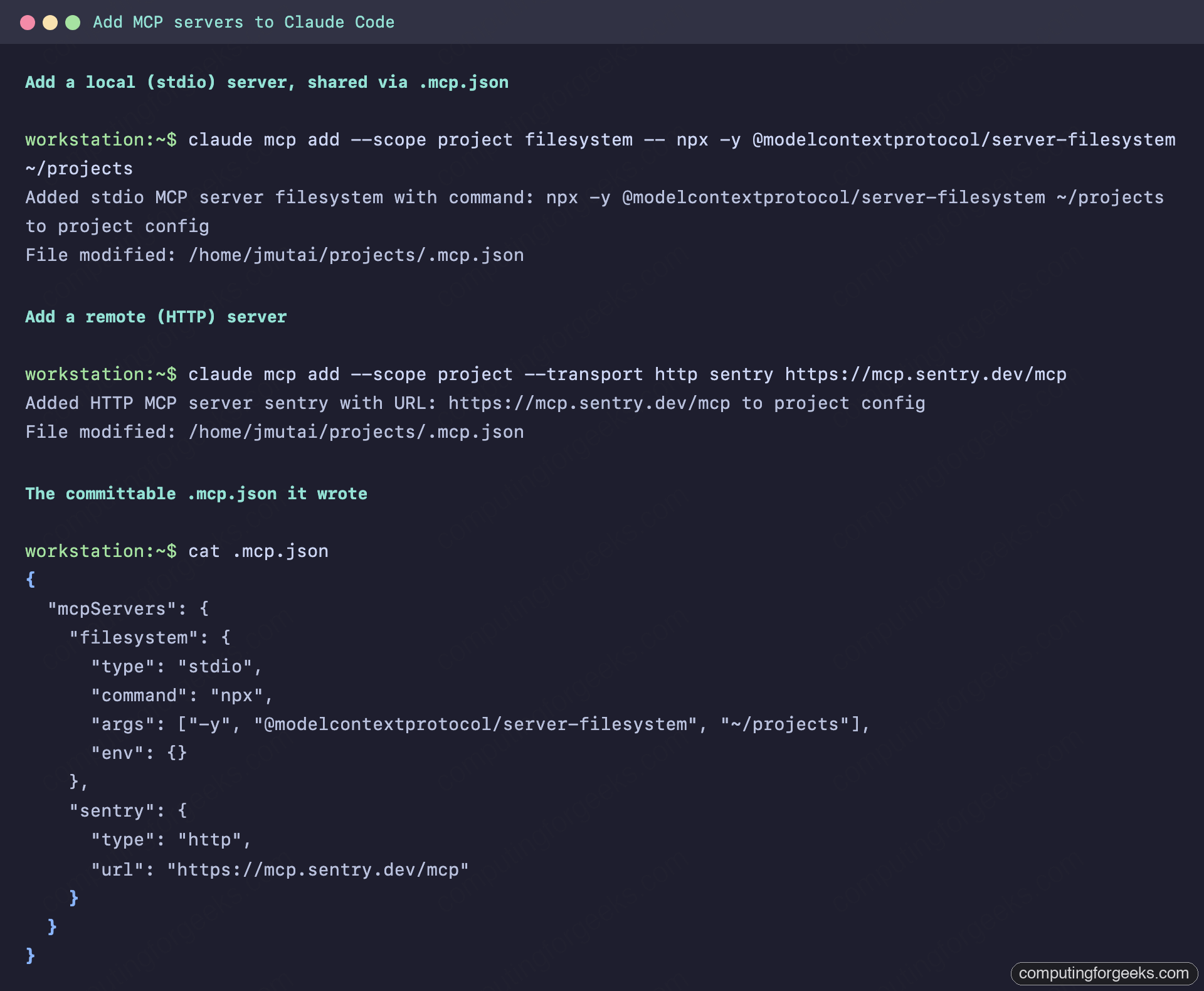 Adding stdio and HTTP MCP servers to Claude Code and the generated .mcp.json