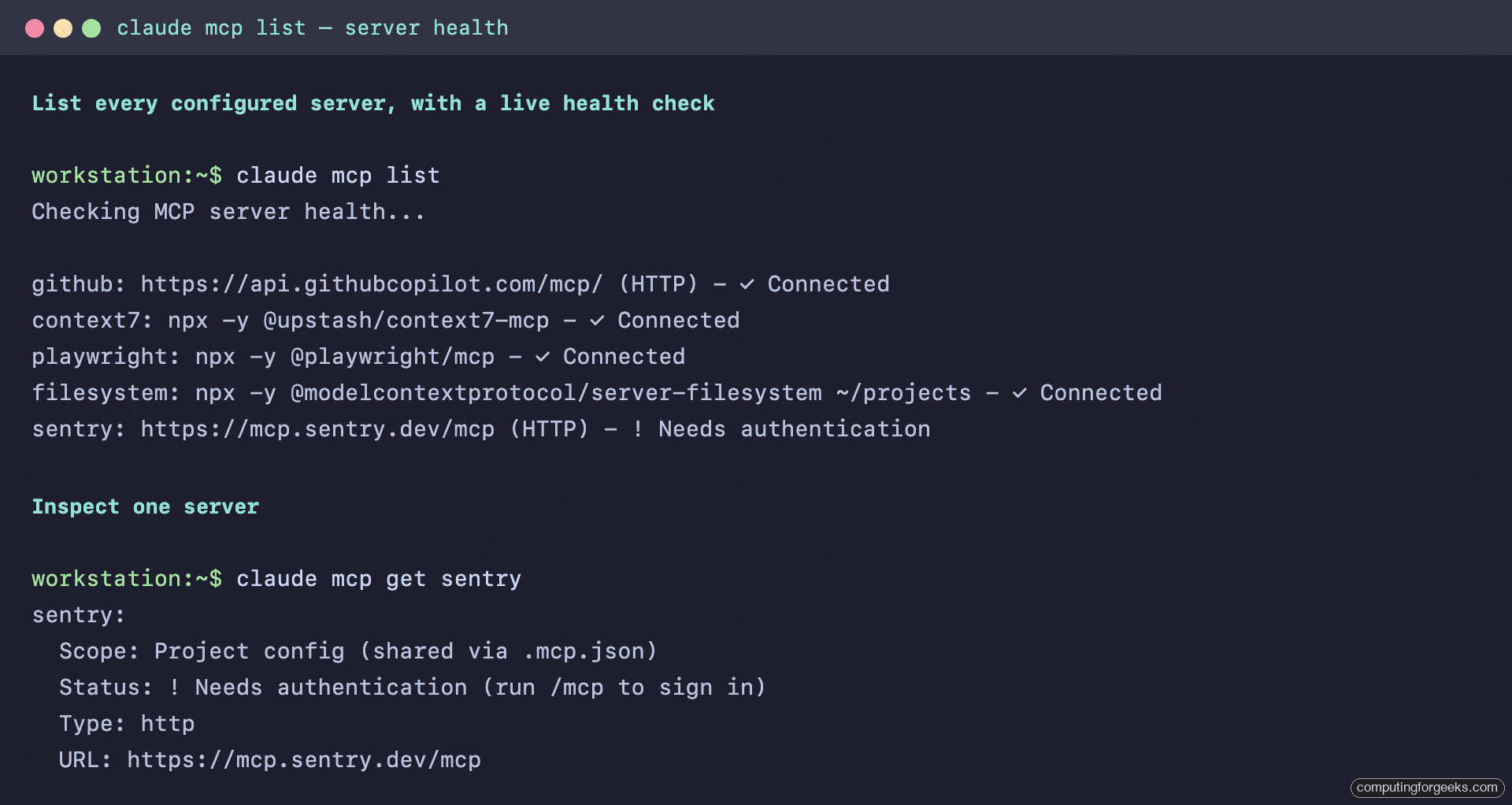 claude mcp list output showing connected MCP servers and one needing authentication