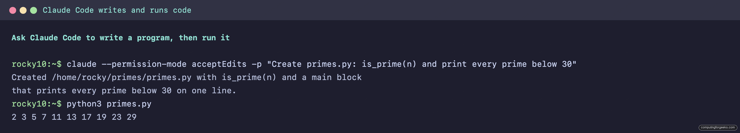 Claude Code creating primes.py and running it to print prime numbers below 30