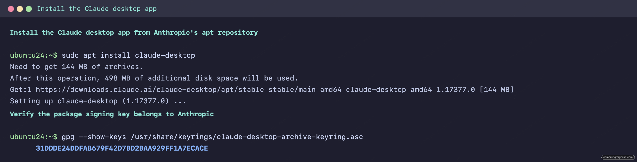 Installing the Claude desktop app on Ubuntu from the Anthropic apt repository and verifying the signing key