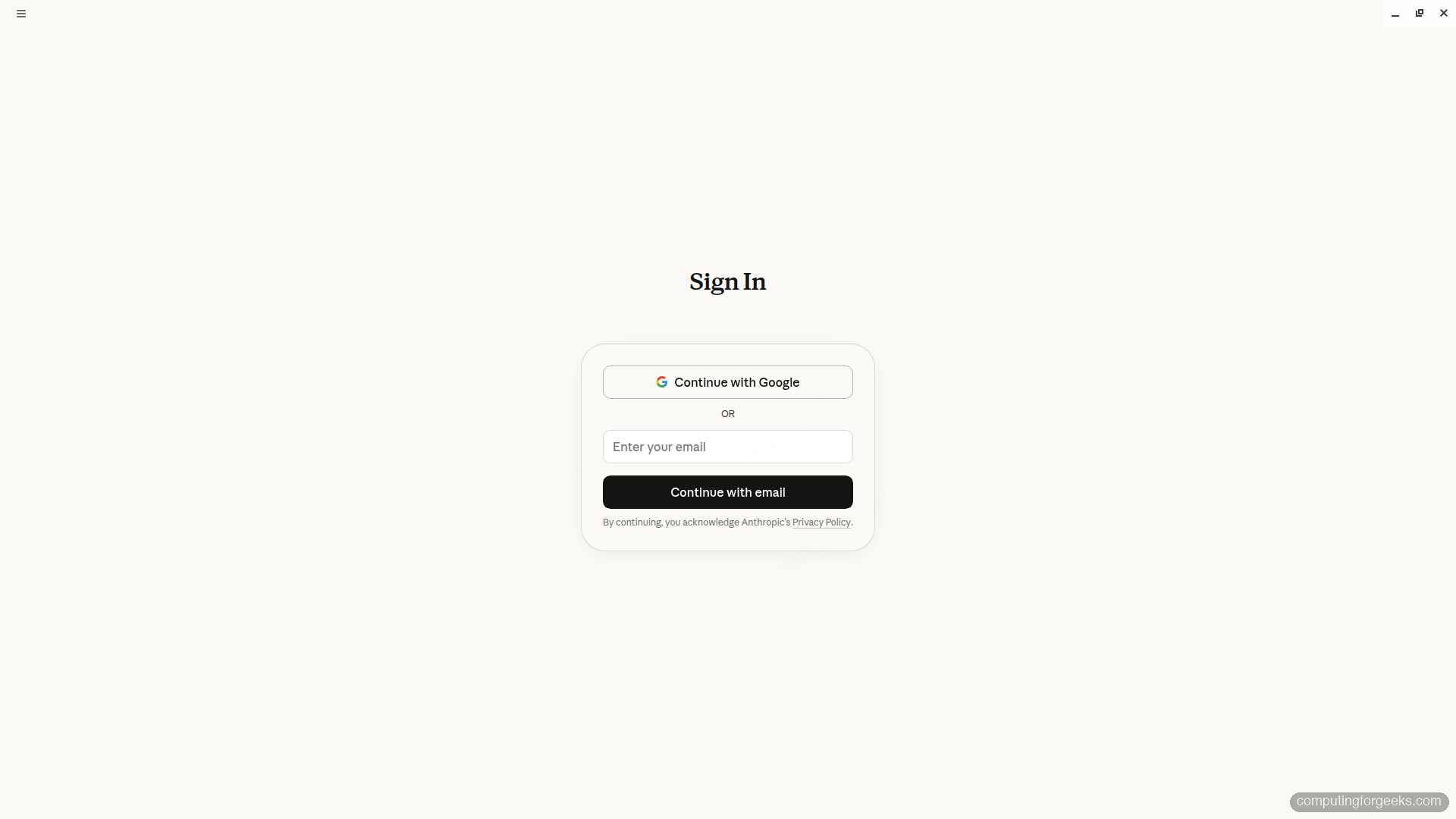 Claude desktop app Sign In screen on Linux with Continue with Google and email options