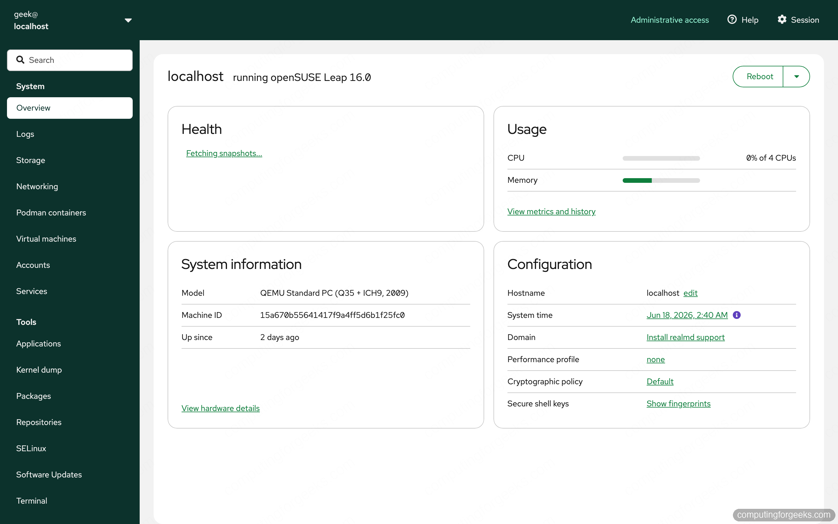 Cockpit system overview on openSUSE Leap 16