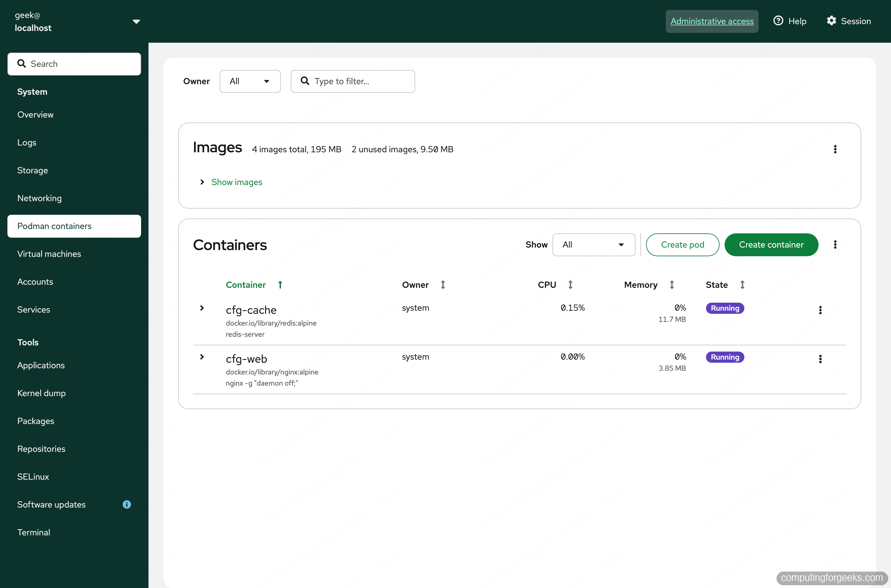 Install Docker and Podman on openSUSE Leap 16 3 Cockpit web console Podman containers page showing running nginx and redis on openSUSE Leap 16