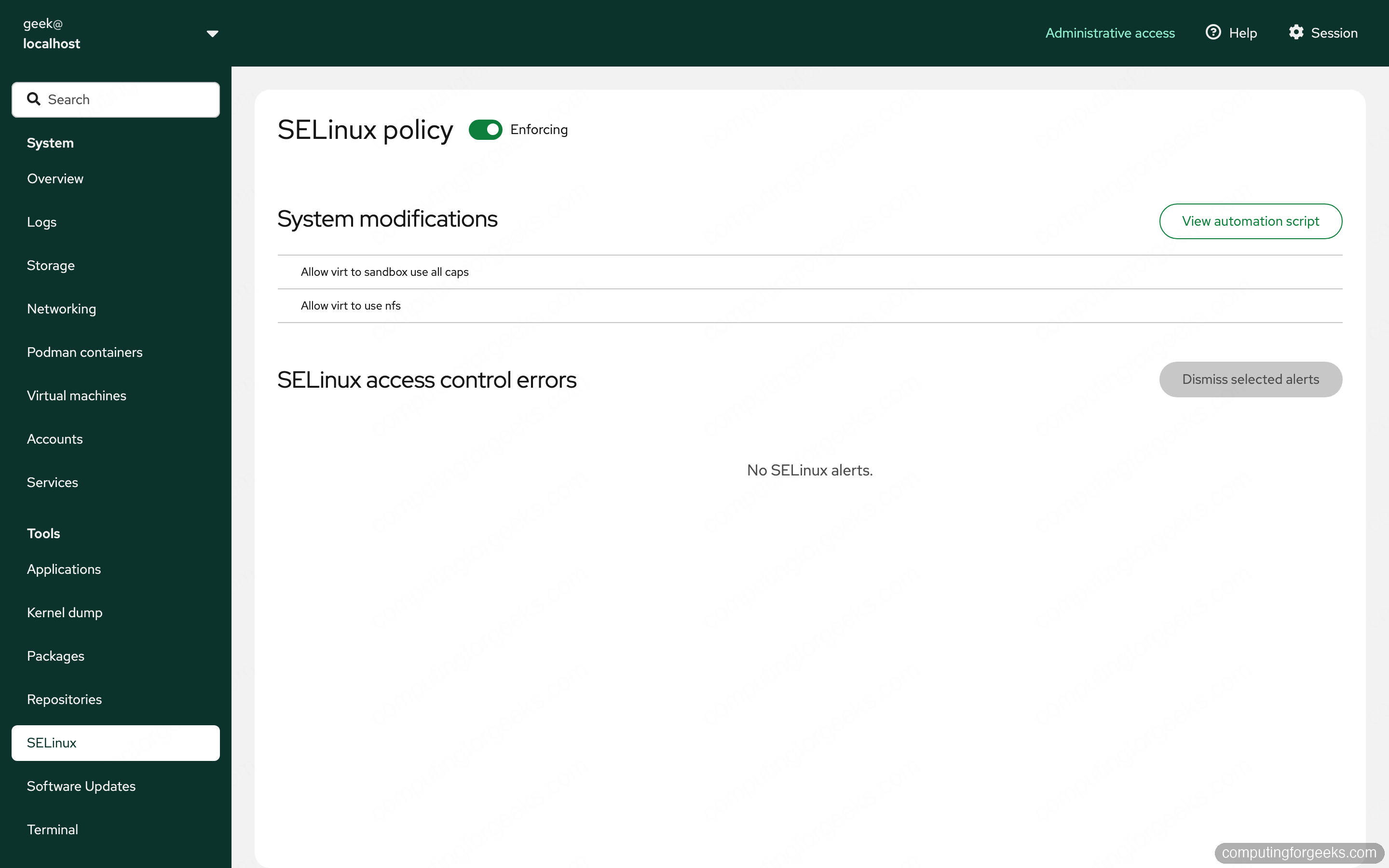 Cockpit SELinux policy page on openSUSE Leap 16