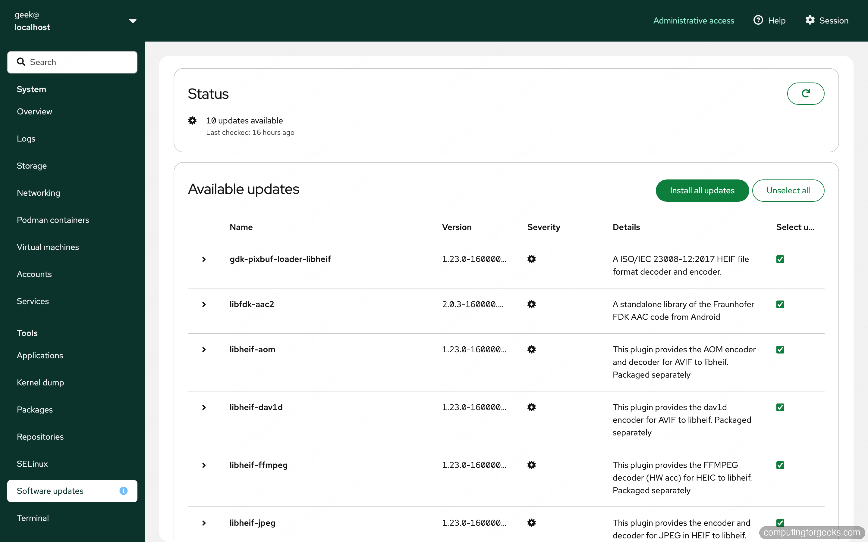 Cockpit software updates on openSUSE Leap 16