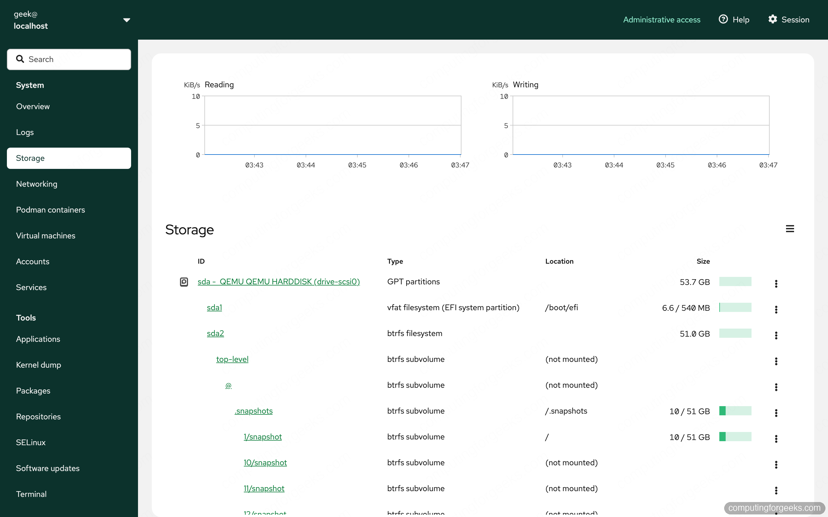 Cockpit storage and Btrfs subvolumes on openSUSE Leap 16