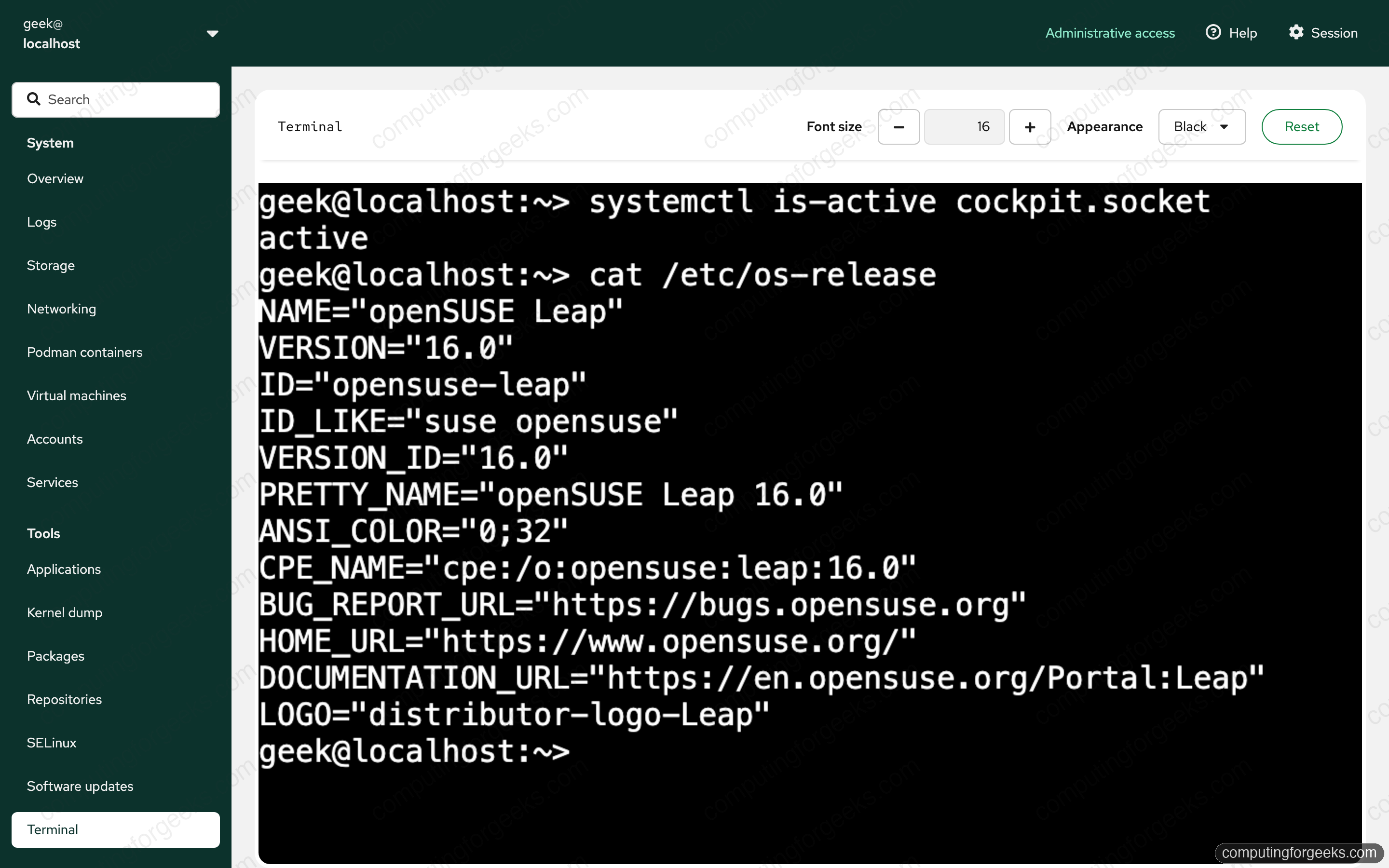 Cockpit web terminal on openSUSE Leap 16