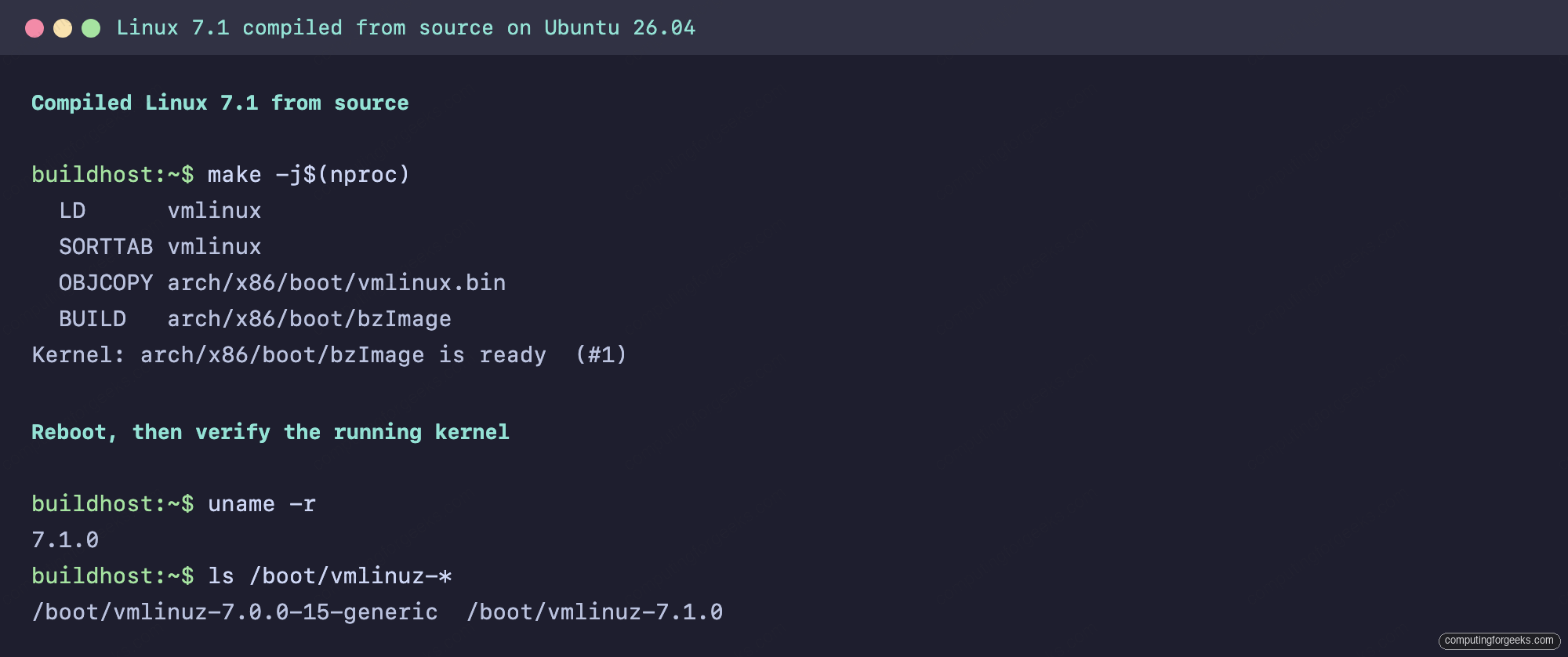 Terminal showing a compiled Linux 7.1.0 kernel running on Ubuntu 26.04 after make install
