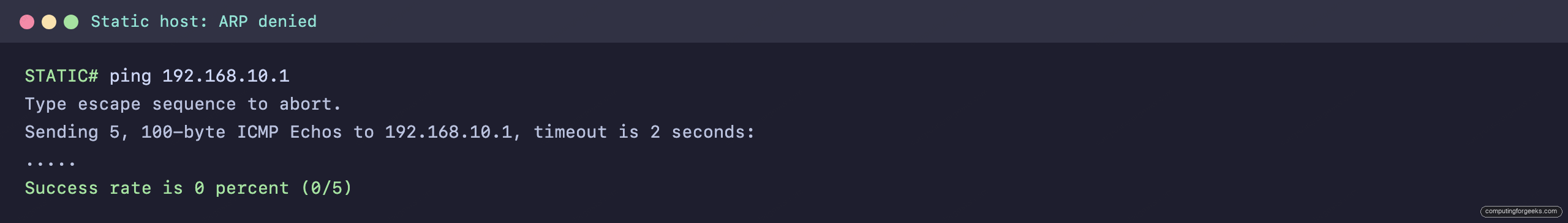 Configure Cisco Dynamic ARP Inspection (DAI) 4 Static host ping to the gateway fails because it has no DHCP snooping binding so DAI drops its ARP