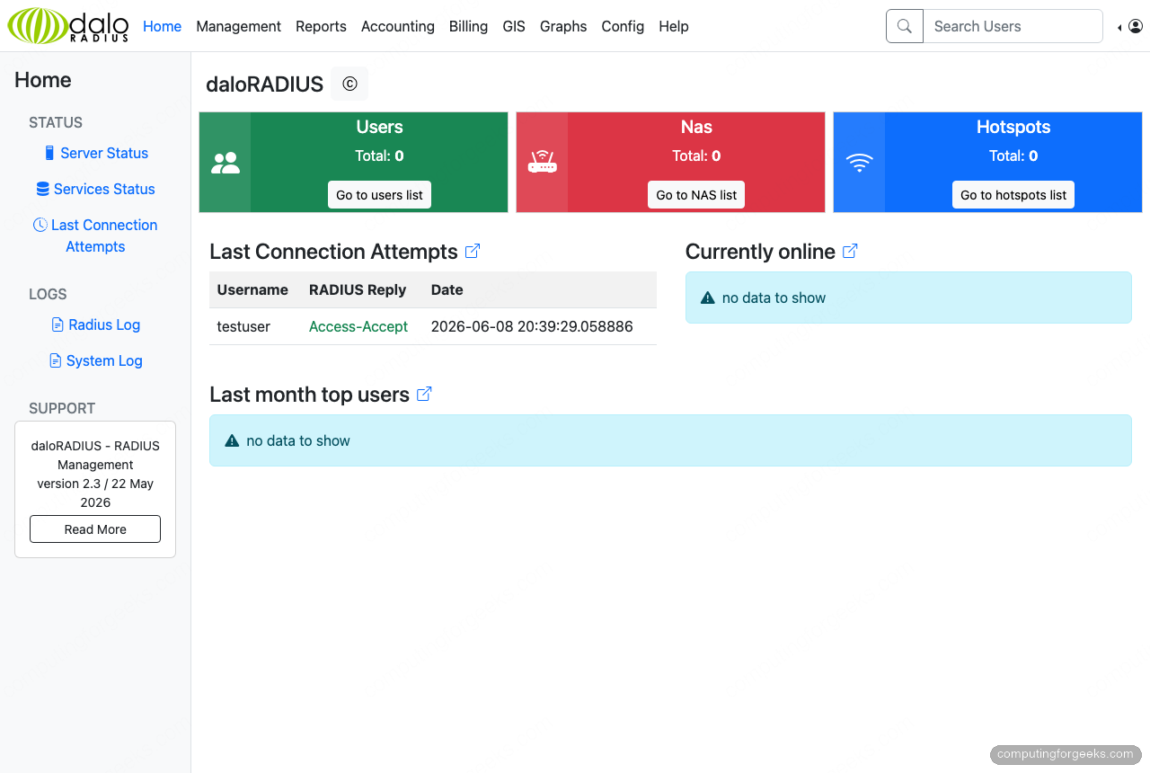Install FreeRADIUS and daloRADIUS on Rocky Linux & AlmaLinux 3 daloRADIUS dashboard showing FreeRADIUS Access-Accept on Rocky Linux