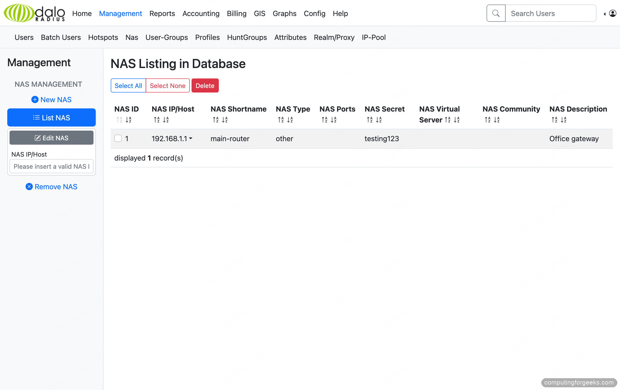 Install FreeRADIUS and daloRADIUS on Ubuntu 26.04|24.04|22.04 3 daloRADIUS NAS clients listing on Ubuntu