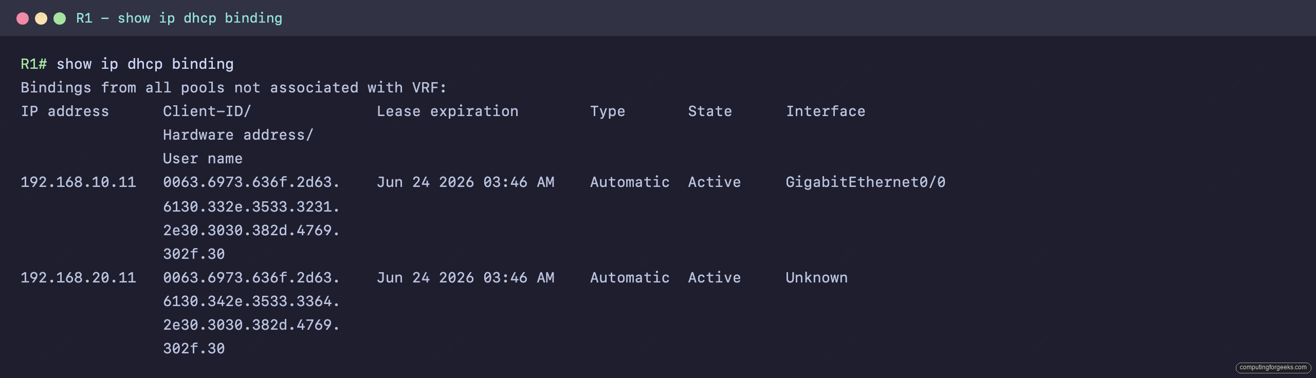 Configure a Cisco DHCP Server and Relay 3 show ip dhcp binding output showing one directly served lease and one relayed lease