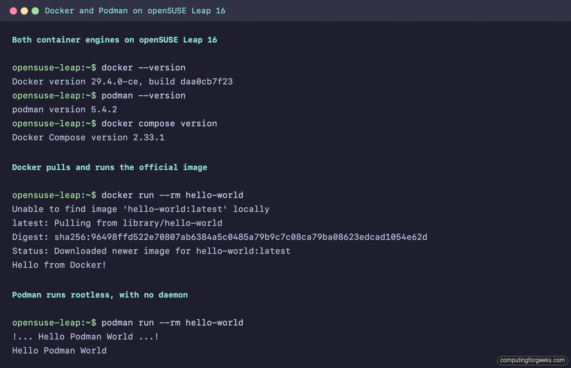 Install Docker and Podman on openSUSE Leap 16 1 docker --version and podman --version with hello-world output on openSUSE Leap 16
