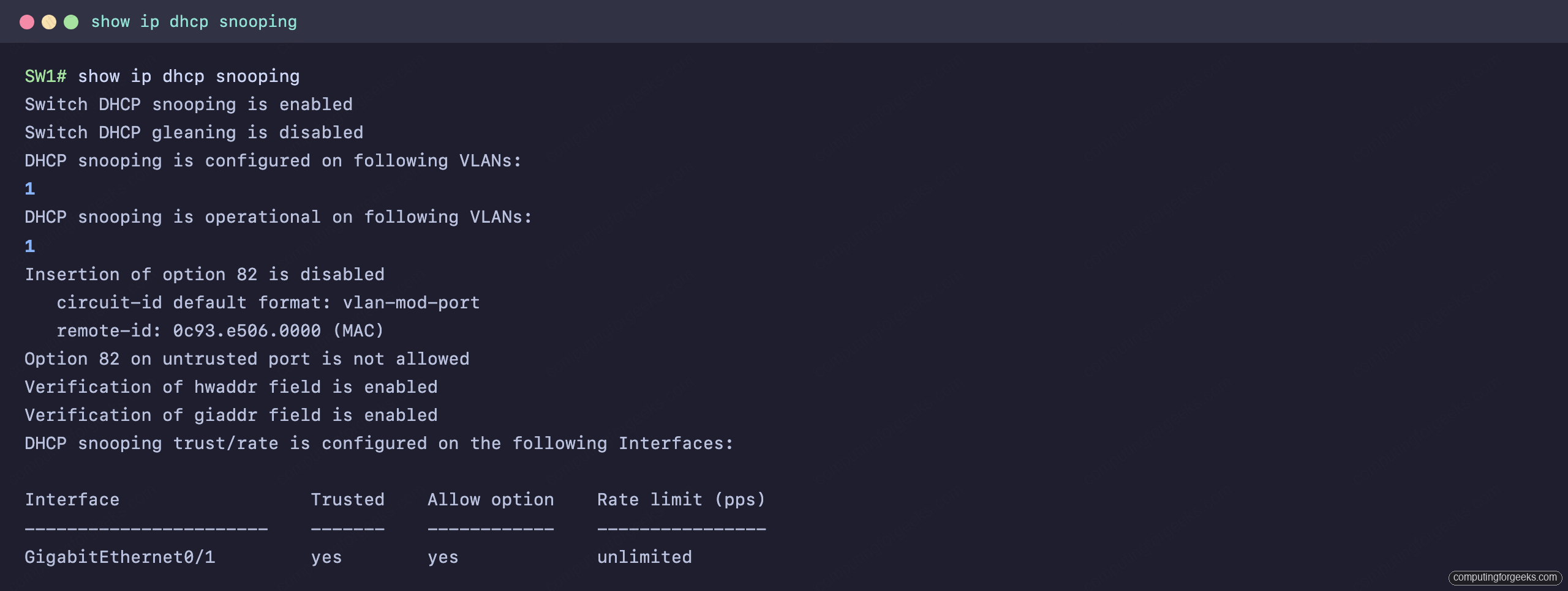 Cisco IOS show ip dhcp snooping output: snooping enabled and operational on VLAN 1 with GigabitEthernet0/1 trusted