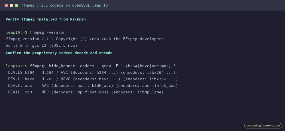 ffmpeg H.264 HEVC AAC MP3 codecs on openSUSE Leap 16 terminal