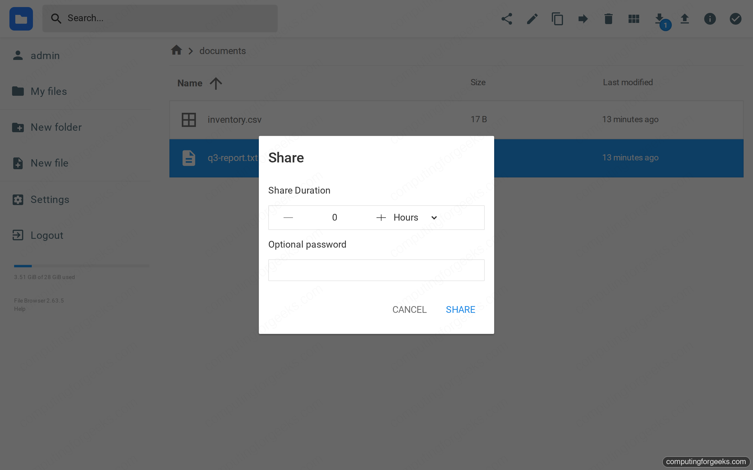 FileBrowser share dialog with share duration and optional password fields