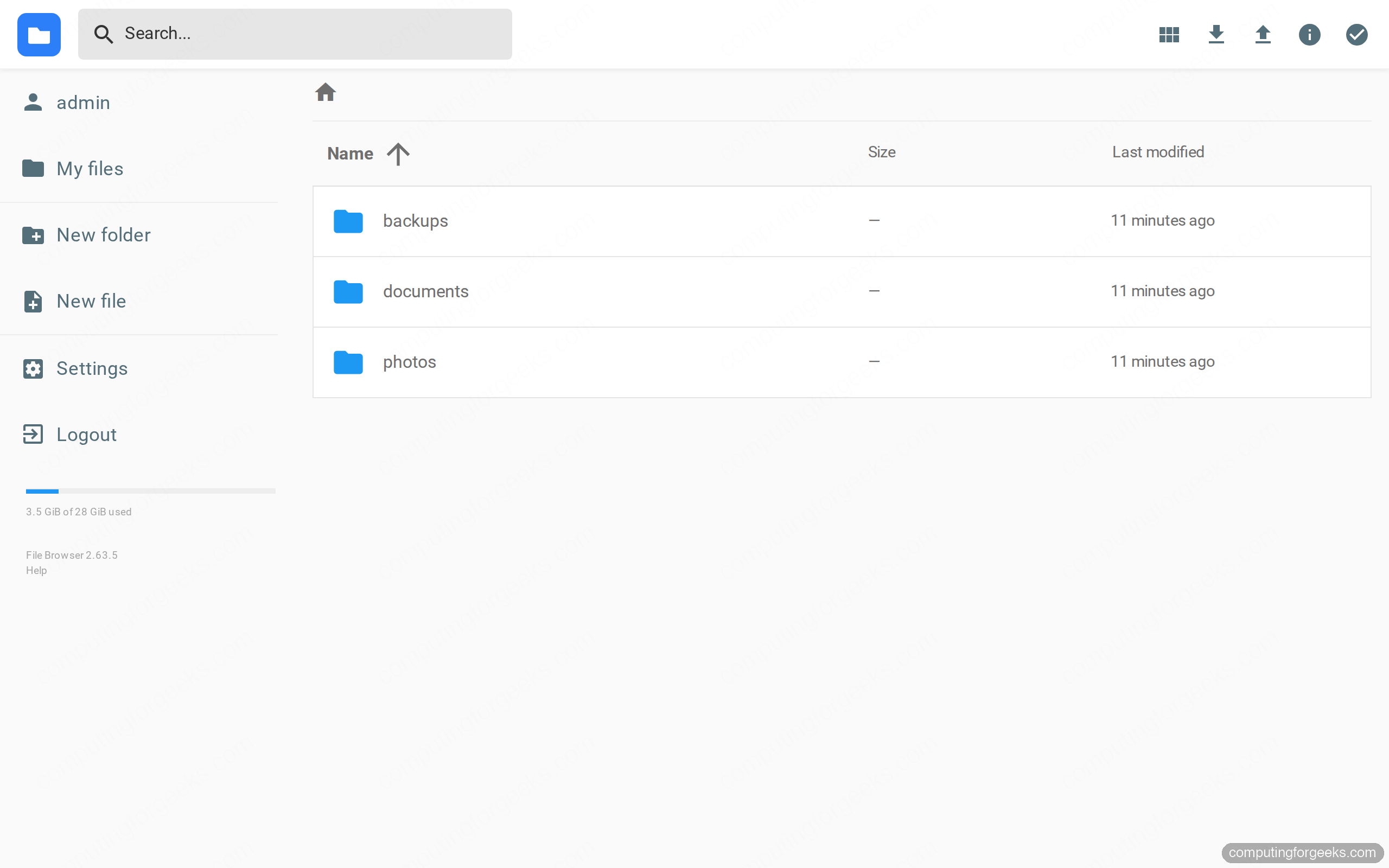 FileBrowser web dashboard showing folders, disk usage and version footer