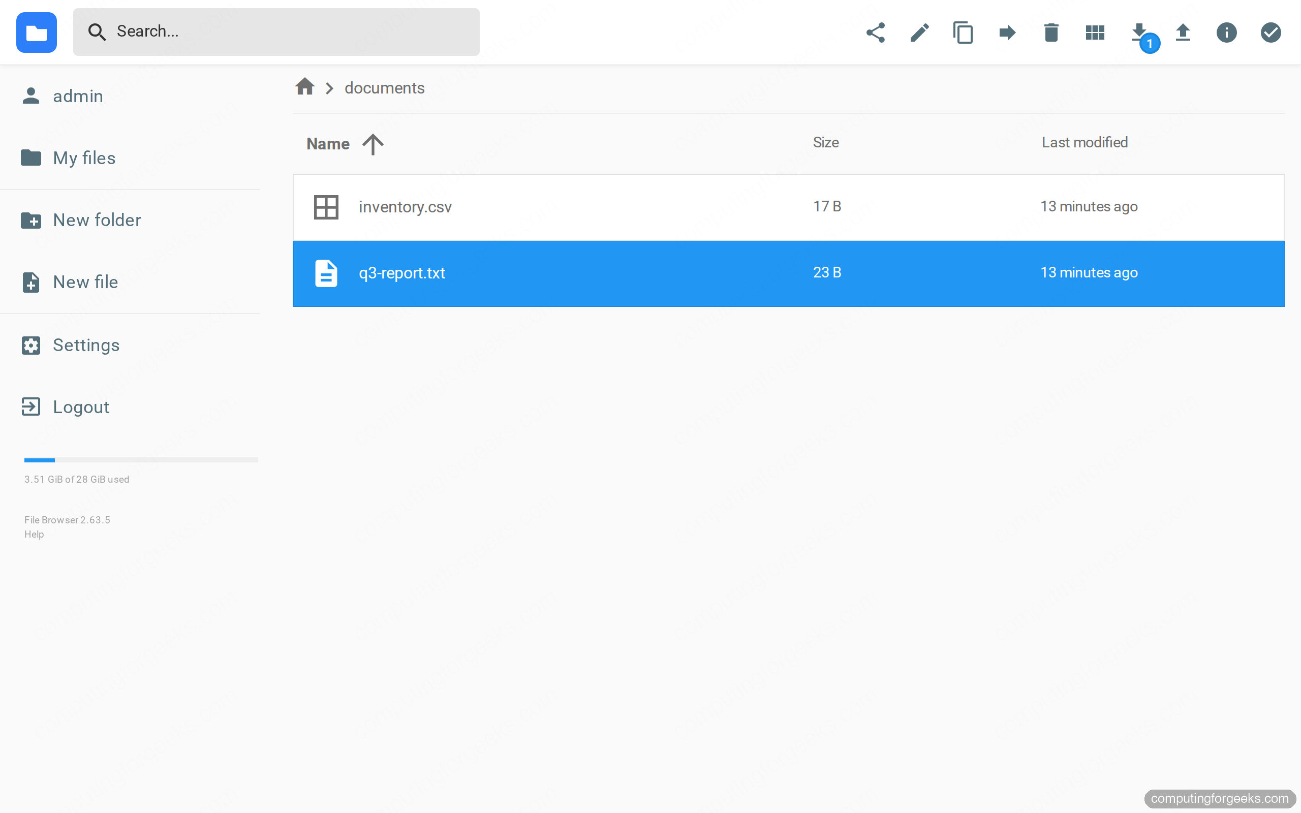 FileBrowser file selected showing share, edit, copy, move, delete and download actions