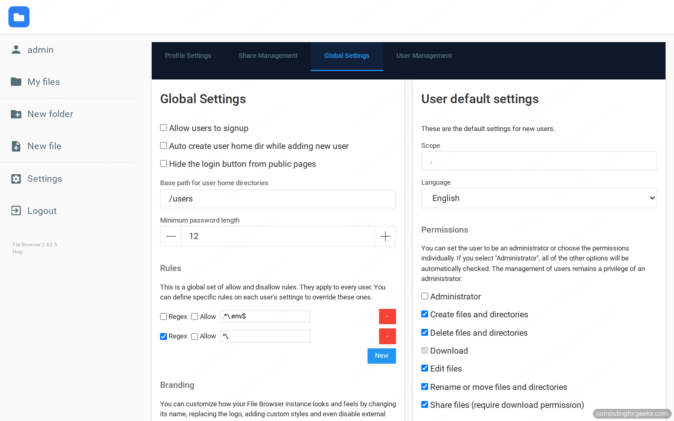 FileBrowser global settings with allow and deny rules, permissions and branding