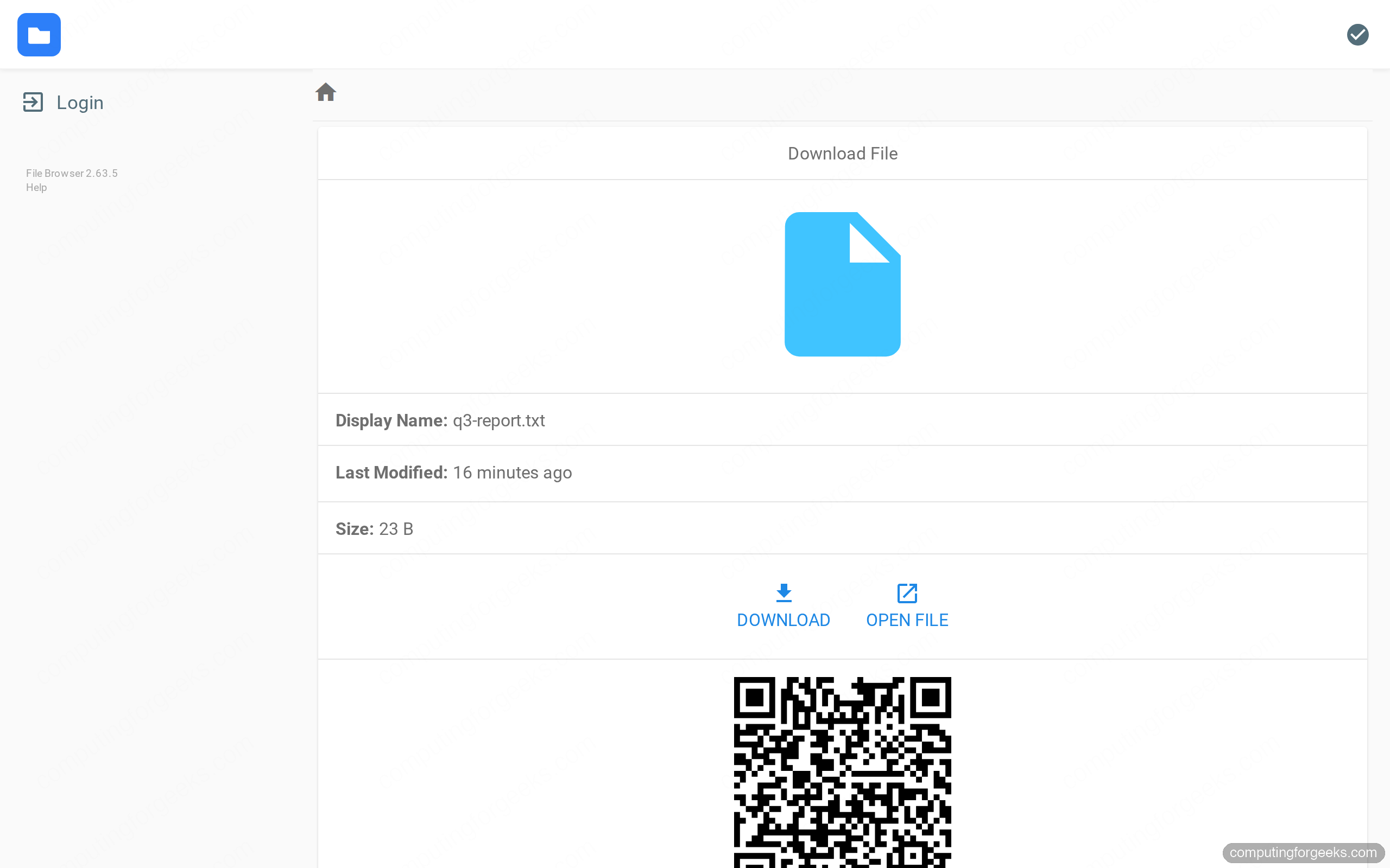 FileBrowser public share page with download button, open file and QR code