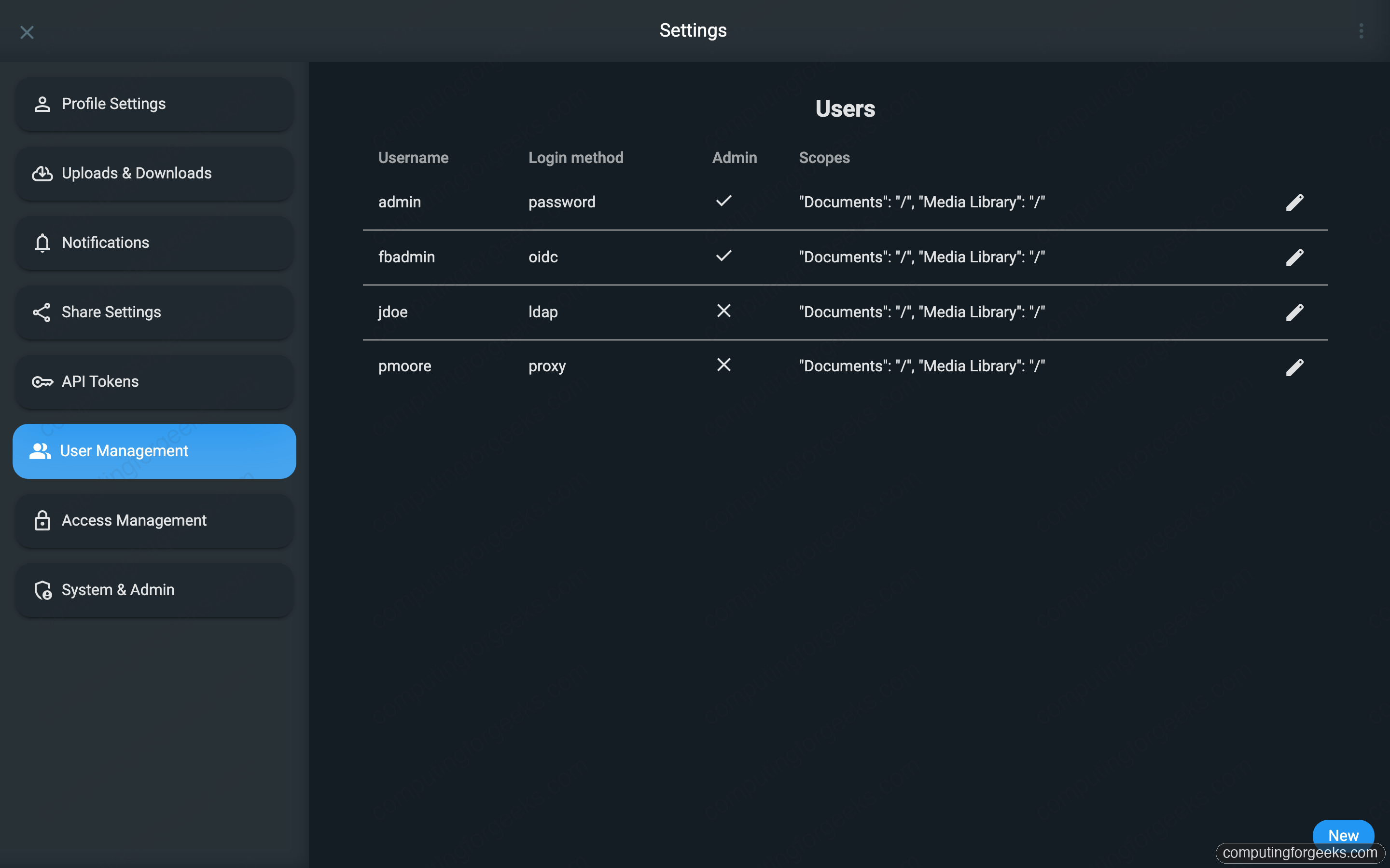 FileBrowser Quantum: OIDC, LDAP and Multi-Source File Manager 5 FileBrowser Quantum user management showing password, oidc, ldap and proxy login methods