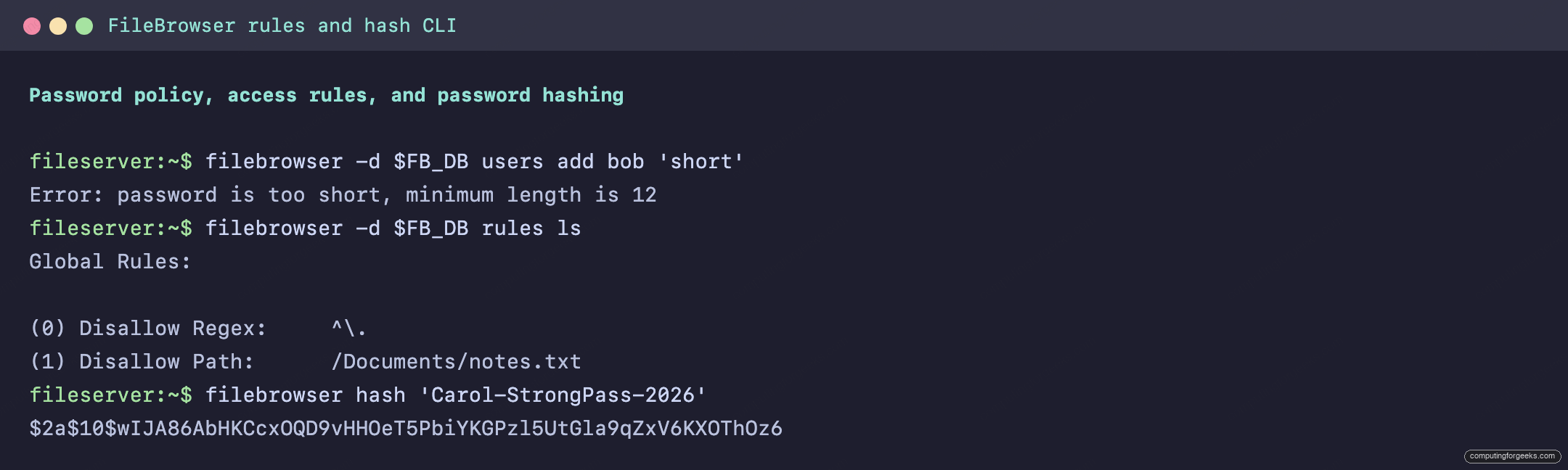 FileBrowser CLI Cheat Sheet: Commands, Config and Examples 2 filebrowser rules ls output and a bcrypt hash from filebrowser hash