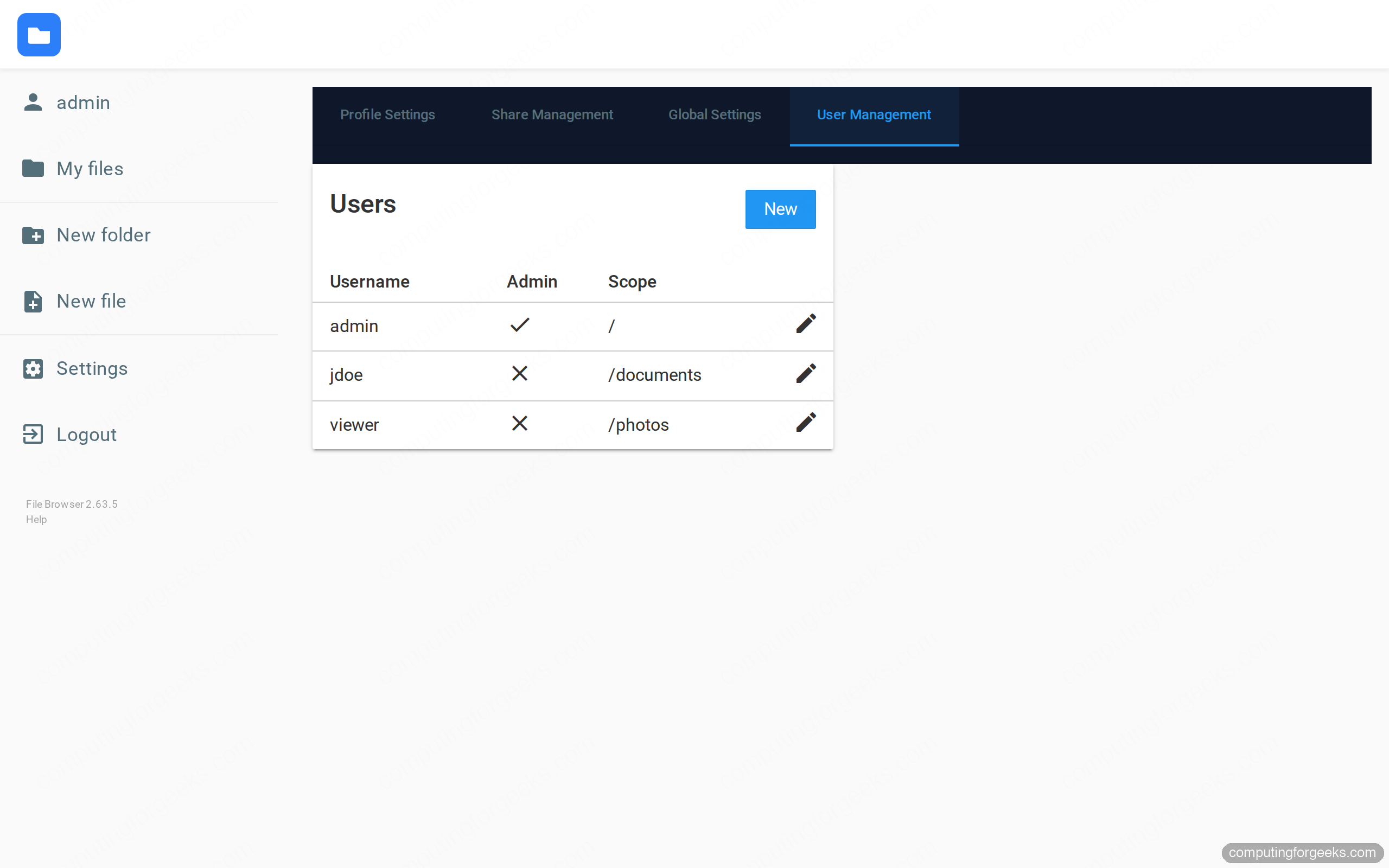 FileBrowser user management showing admin and scoped jdoe and viewer users