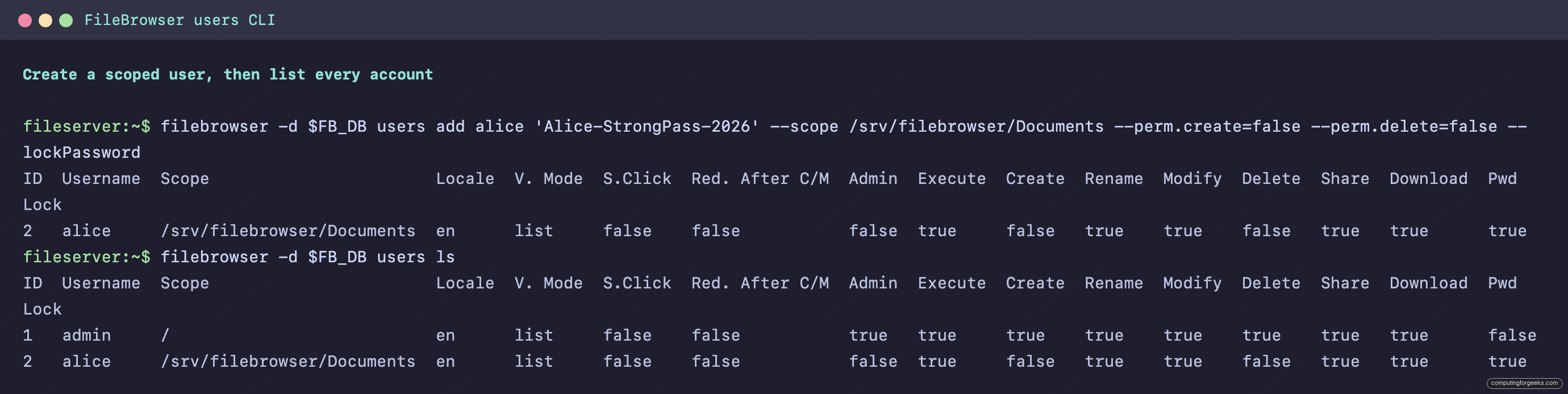 FileBrowser CLI Cheat Sheet: Commands, Config and Examples 1 filebrowser users add and users ls command output showing a scoped account