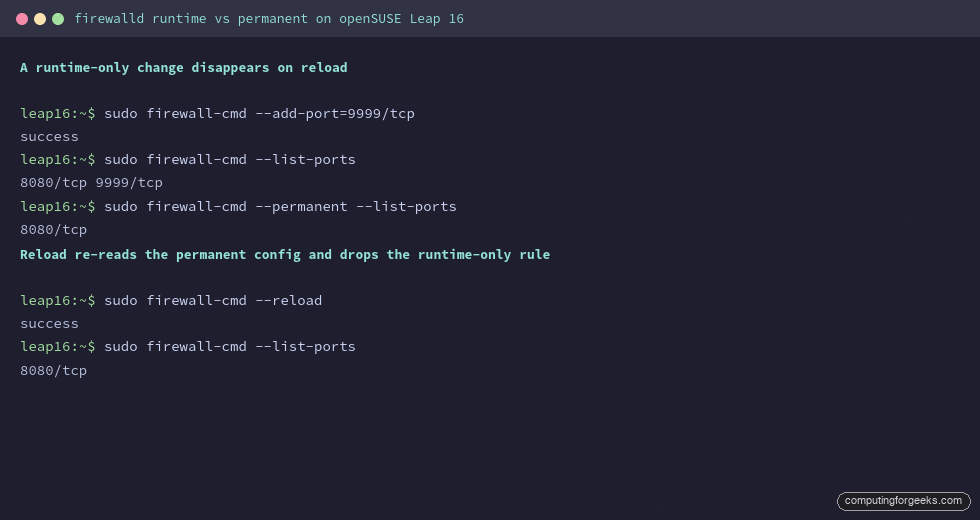 firewalld runtime vs permanent ports demonstration on openSUSE Leap 16