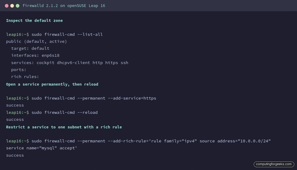 firewalld list-all zone services and rich rule on openSUSE Leap 16