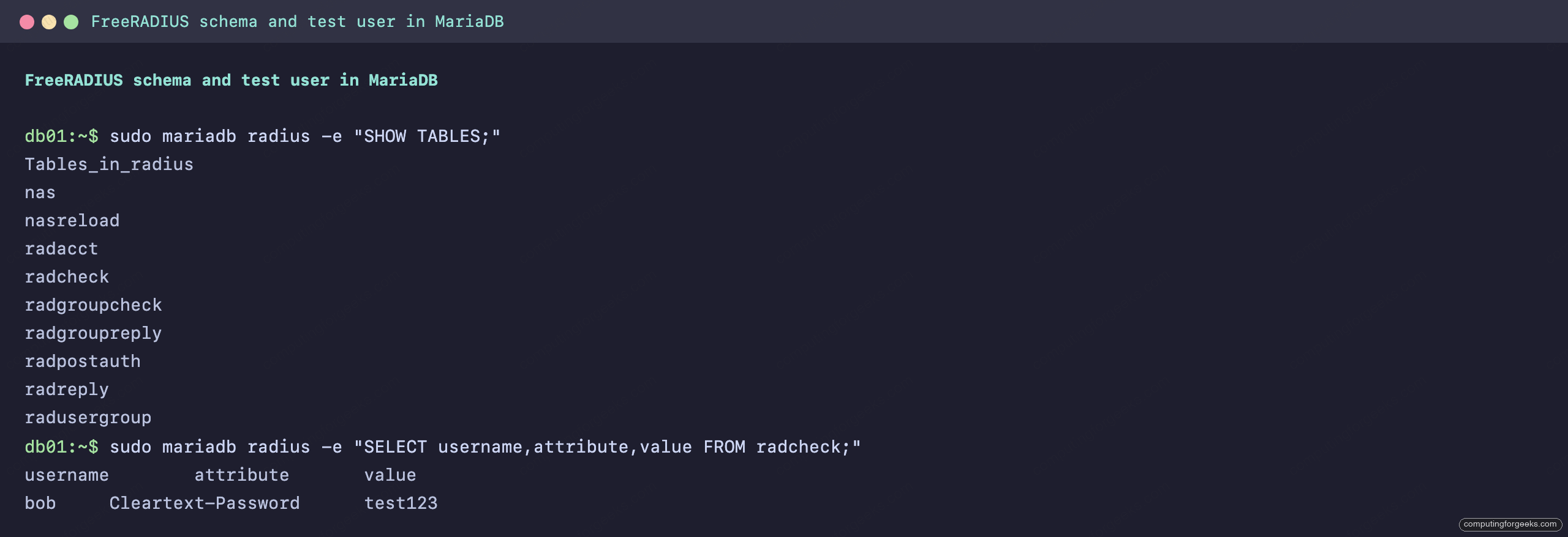 FreeRADIUS schema tables and radcheck test user in MariaDB