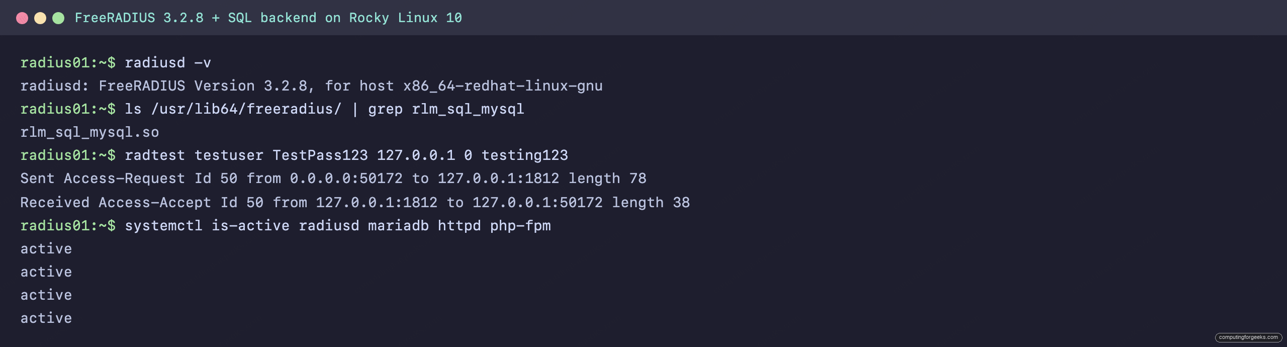 Install FreeRADIUS and daloRADIUS on Rocky Linux & AlmaLinux 1 FreeRADIUS radtest Access-Accept terminal output on Rocky Linux 10