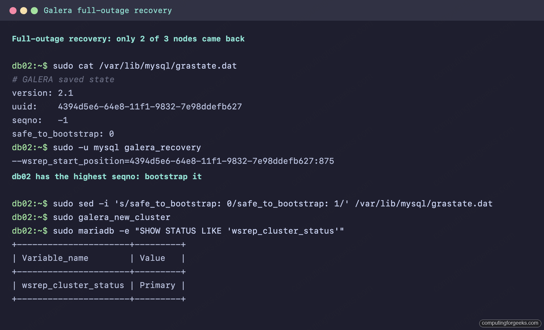 Galera full outage recovery with galera_recovery and safe_to_bootstrap