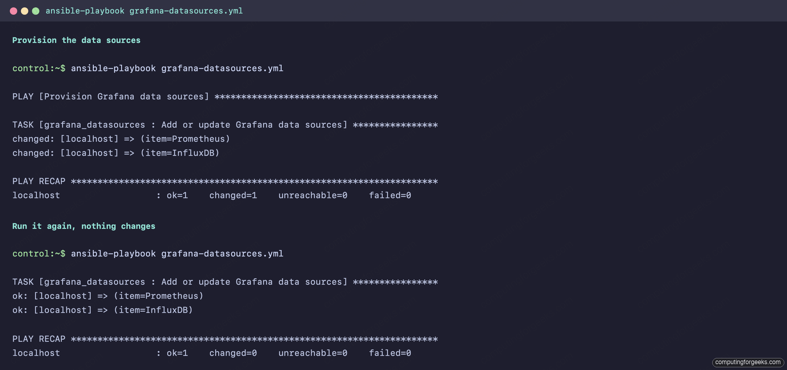 Add Grafana Data Sources with Ansible: Prometheus and InfluxDB 2 Terminal showing ansible-playbook adding Grafana data sources idempotently