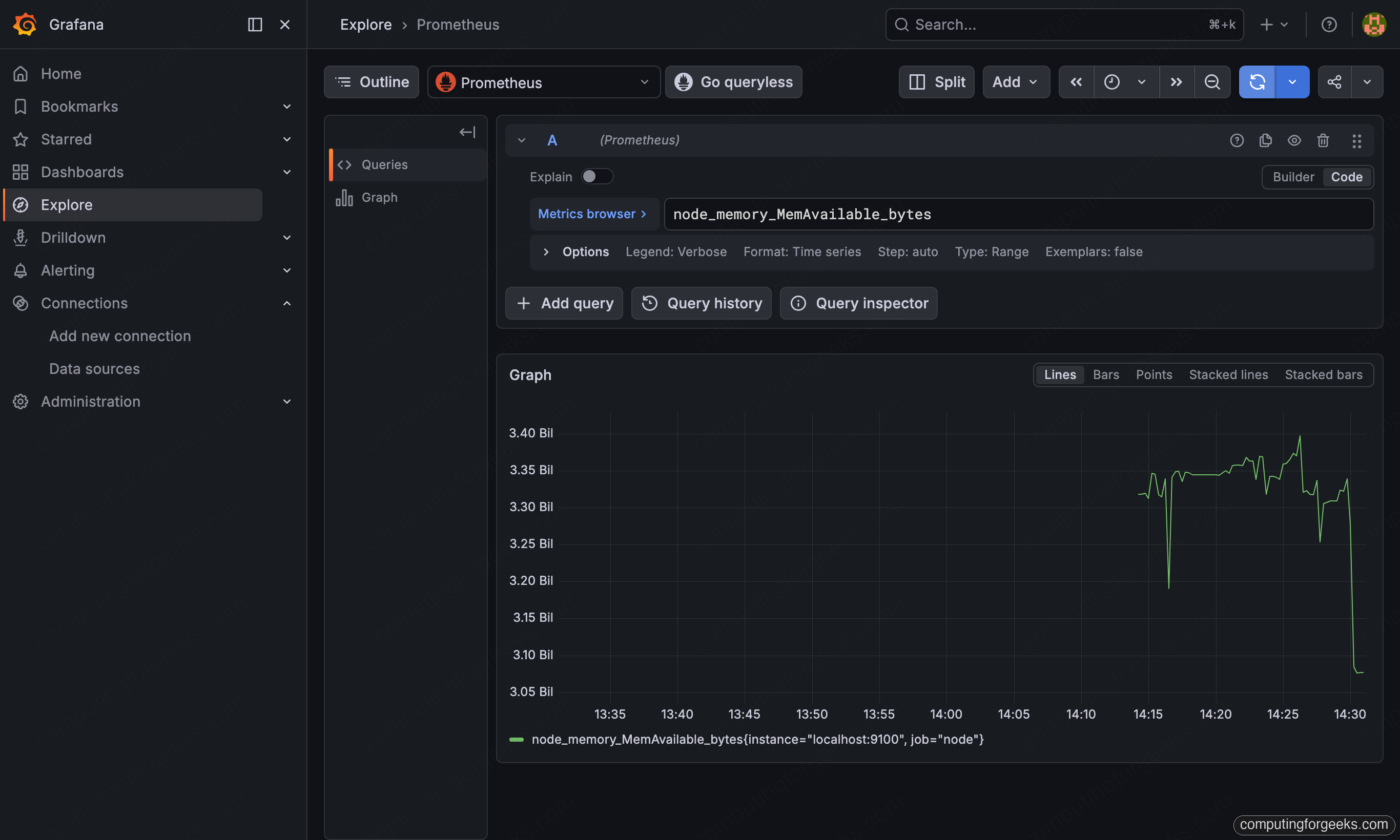 Add Grafana Data Sources with Ansible: Prometheus and InfluxDB 4 Grafana Explore showing a Prometheus query returning node memory metrics