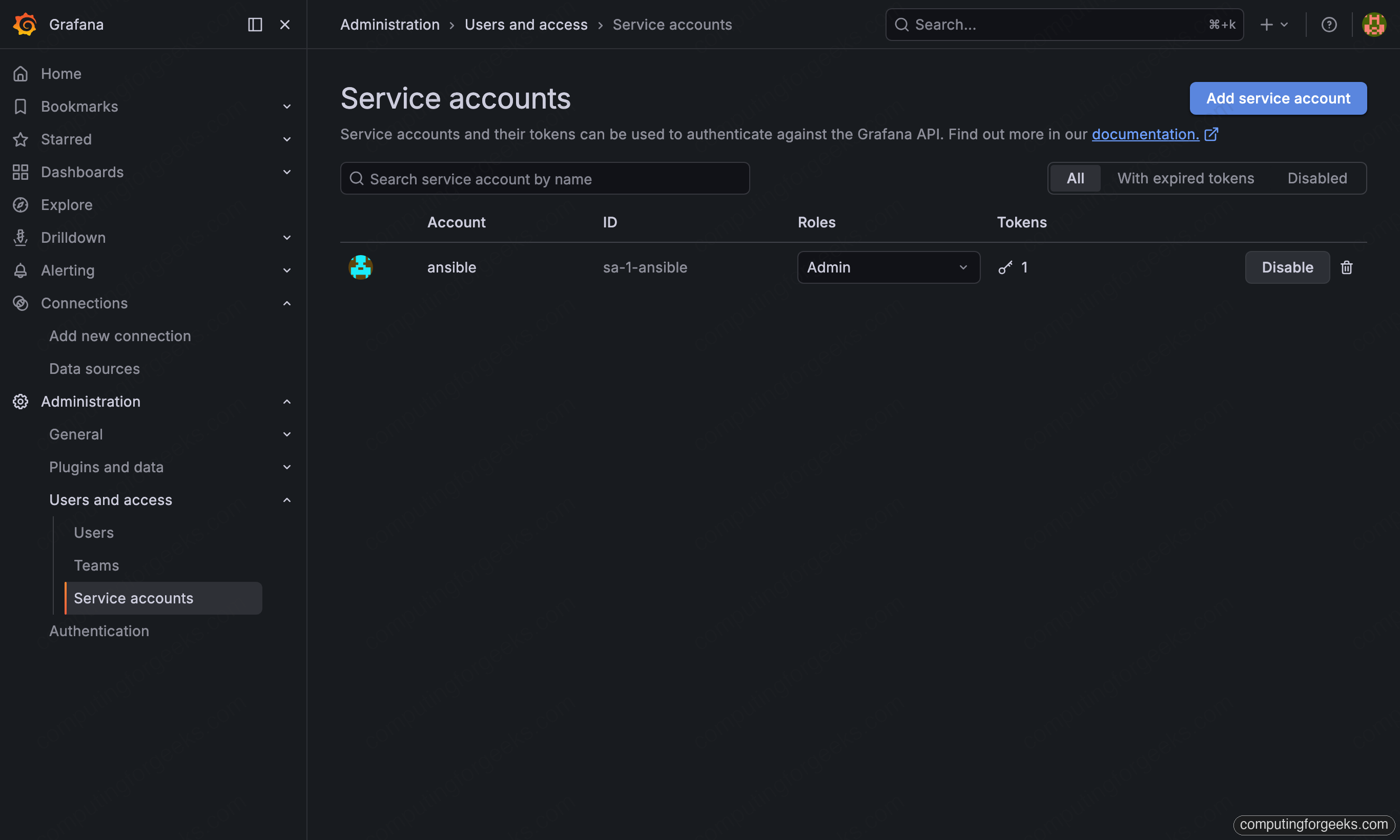 Add Grafana Data Sources with Ansible: Prometheus and InfluxDB 1 Grafana service accounts page with an Ansible service account and token