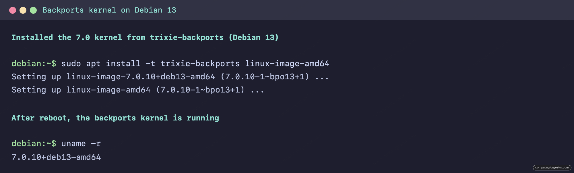Install a Newer Linux Kernel on Debian 1 Terminal showing the 7.0 backports kernel installed and running on Debian 13