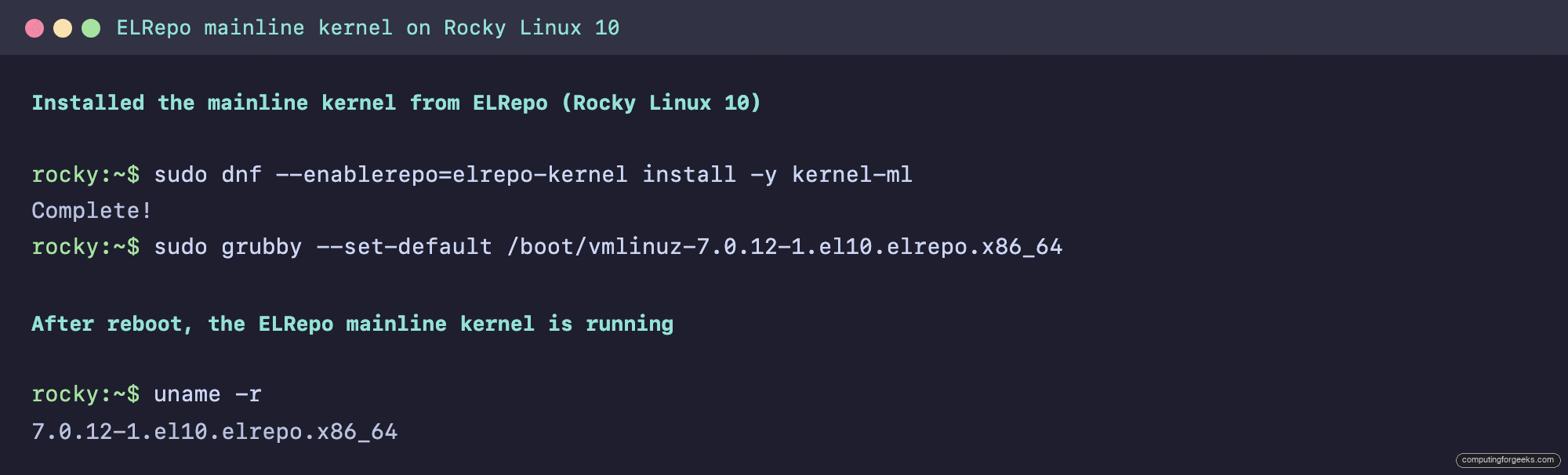 Terminal showing the ELRepo mainline kernel installed and running on Rocky Linux 10