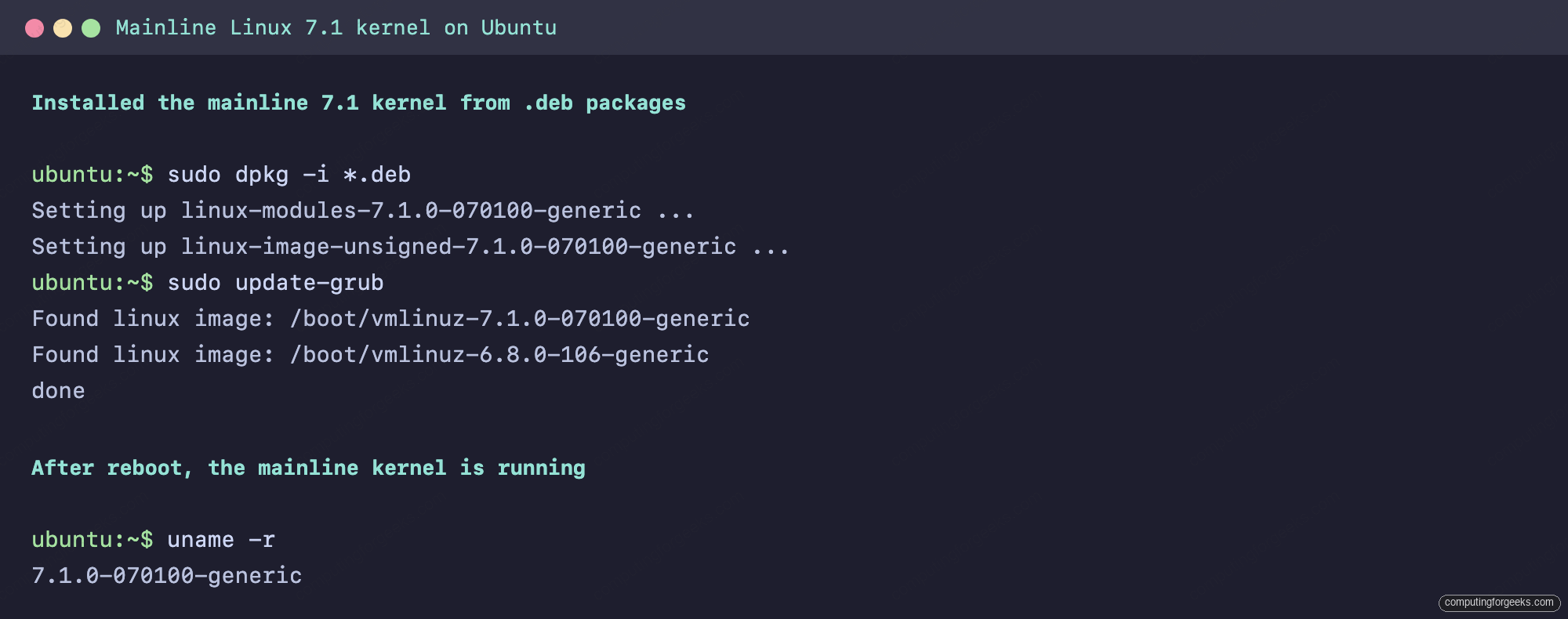 Install the Latest Linux Kernel on Ubuntu 1 Terminal showing the mainline 7.1 kernel installed from .deb packages and running on Ubuntu 26.04