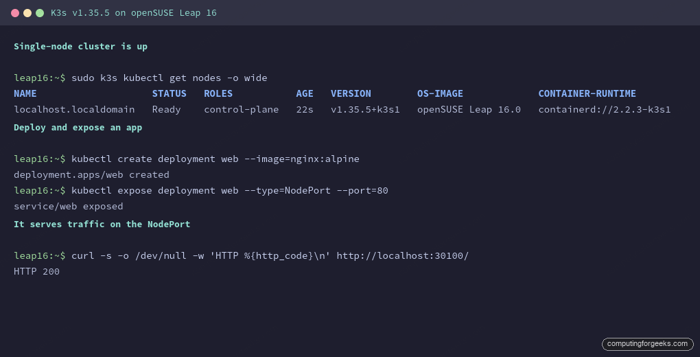 k3s kubectl get nodes deploy nginx and curl NodePort on openSUSE Leap 16