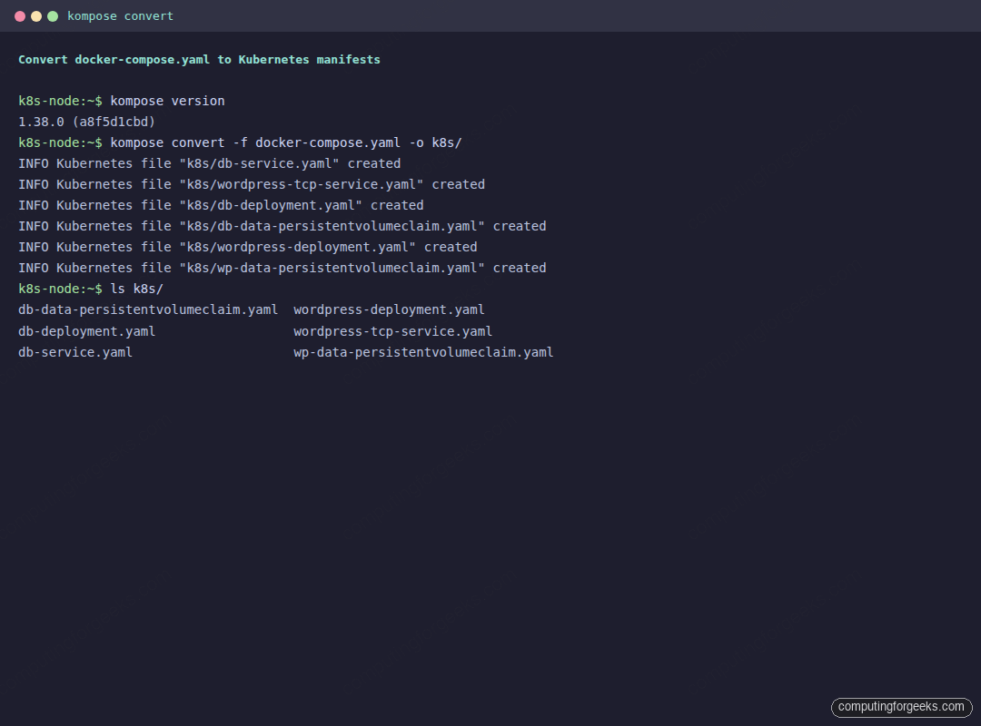 kompose convert command turning docker-compose.yaml into Kubernetes deployment, service and PVC manifests