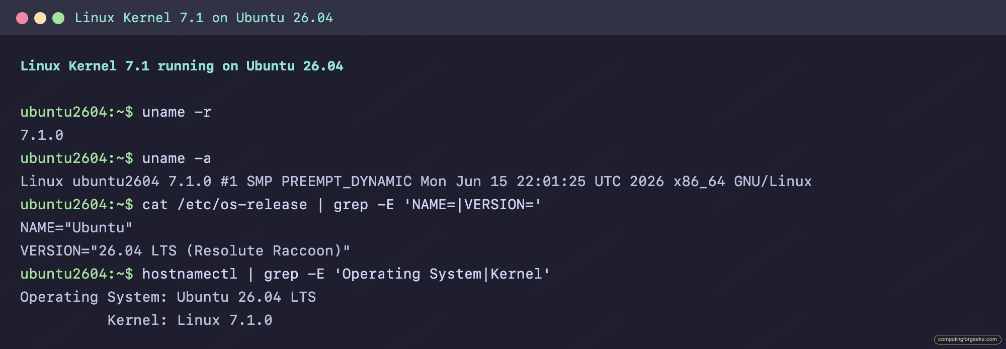 What's New in Linux Kernel 7.1 1 Terminal showing uname -r 7.1.0 on Ubuntu 26.04 LTS Resolute Raccoon