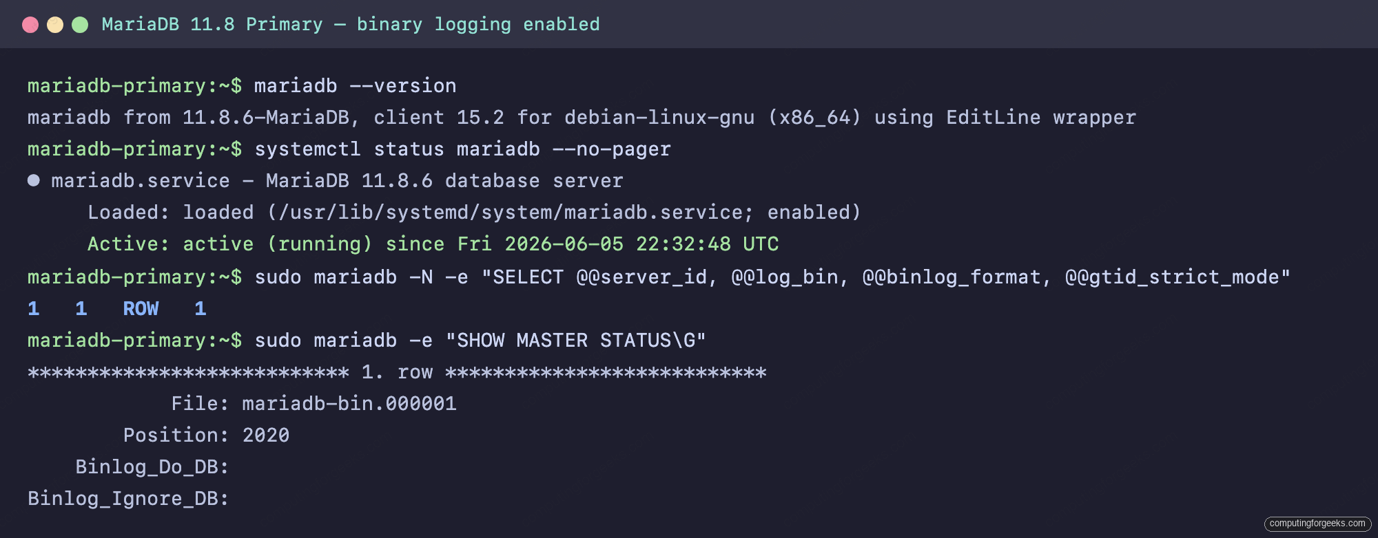 Configure MariaDB Replication on Ubuntu and Debian 1 MariaDB 11.8.6 primary server status and SHOW MASTER STATUS on Ubuntu