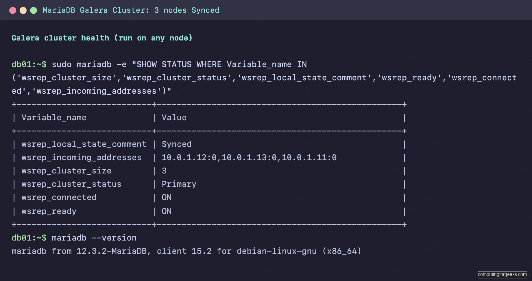 MariaDB Galera cluster status showing 3 nodes Synced and Primary