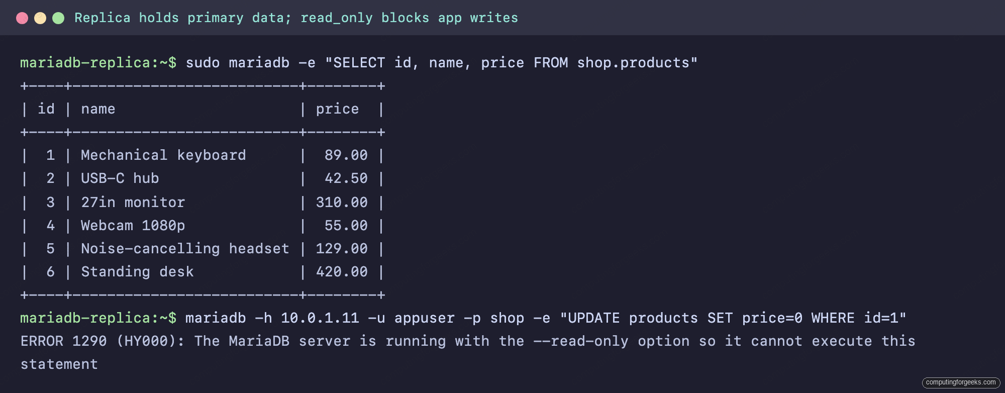 Configure MariaDB Replication on Ubuntu and Debian 3 MariaDB replica shows replicated products table and read_only blocks app write with error 1290